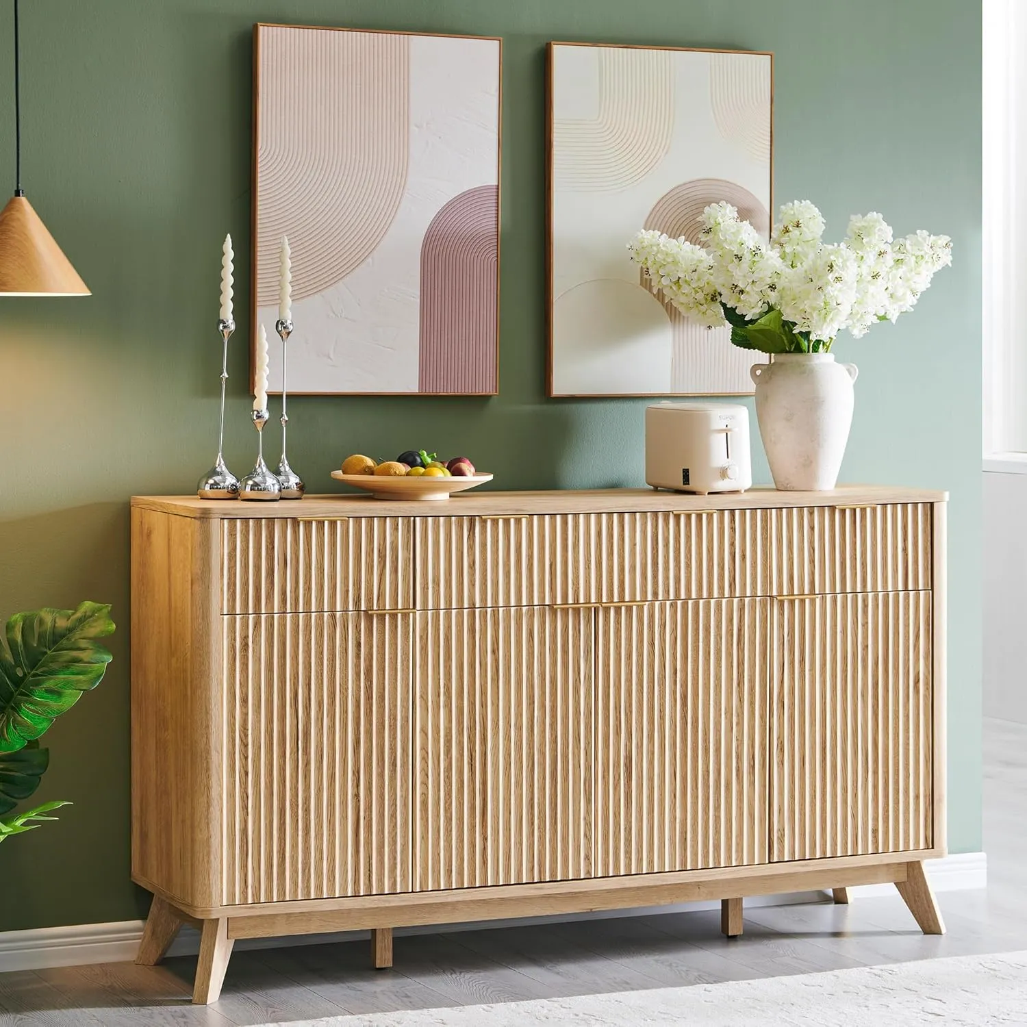 OKD Fluted Storage Cabinet with Drawers, 60" Morden Buffet Sideboard Coffee Bar Cabinet with 4 Doors and 3 Drawers for Dining Room, Living Room,Hallway (Natural Oak)