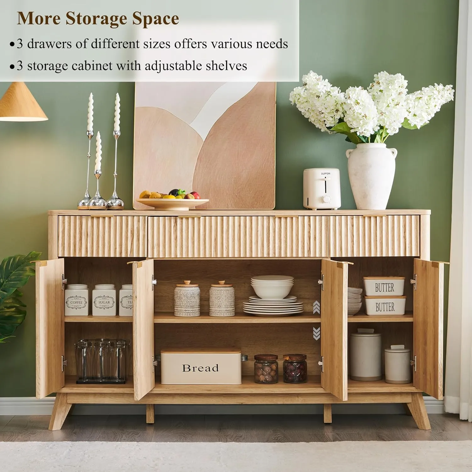 OKD Fluted Storage Cabinet with Drawers, 60" Morden Buffet Sideboard Coffee Bar Cabinet with 4 Doors and 3 Drawers for Dining Room, Living Room,Hallway (Natural Oak)