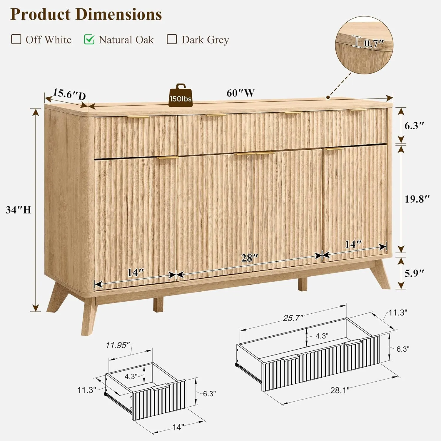 OKD Fluted Storage Cabinet with Drawers, 60" Morden Buffet Sideboard Coffee Bar Cabinet with 4 Doors and 3 Drawers for Dining Room, Living Room,Hallway (Natural Oak)