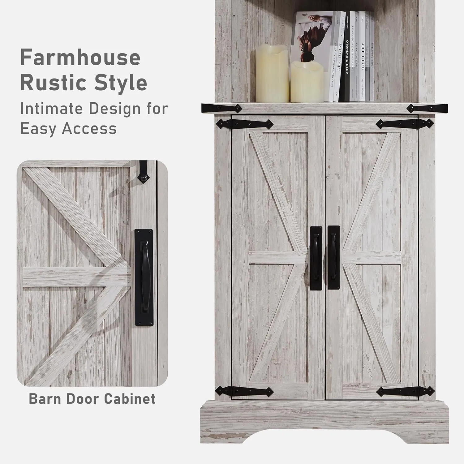 OKD Tall Corner Cabinet, Farmhouse Storage Cabinet with Barn Door Design & Adjustable Shelves, Home Space Saver for Bathroom, Living Room, Antique Brush White