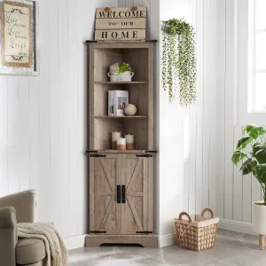 OKD Tall Corner Cabinet, Farmhouse Storage Cabinet with Barn Door Design & Adjustable Shelves, Home Space Saver for Bathroom, Living Room, Light Rustic Oak