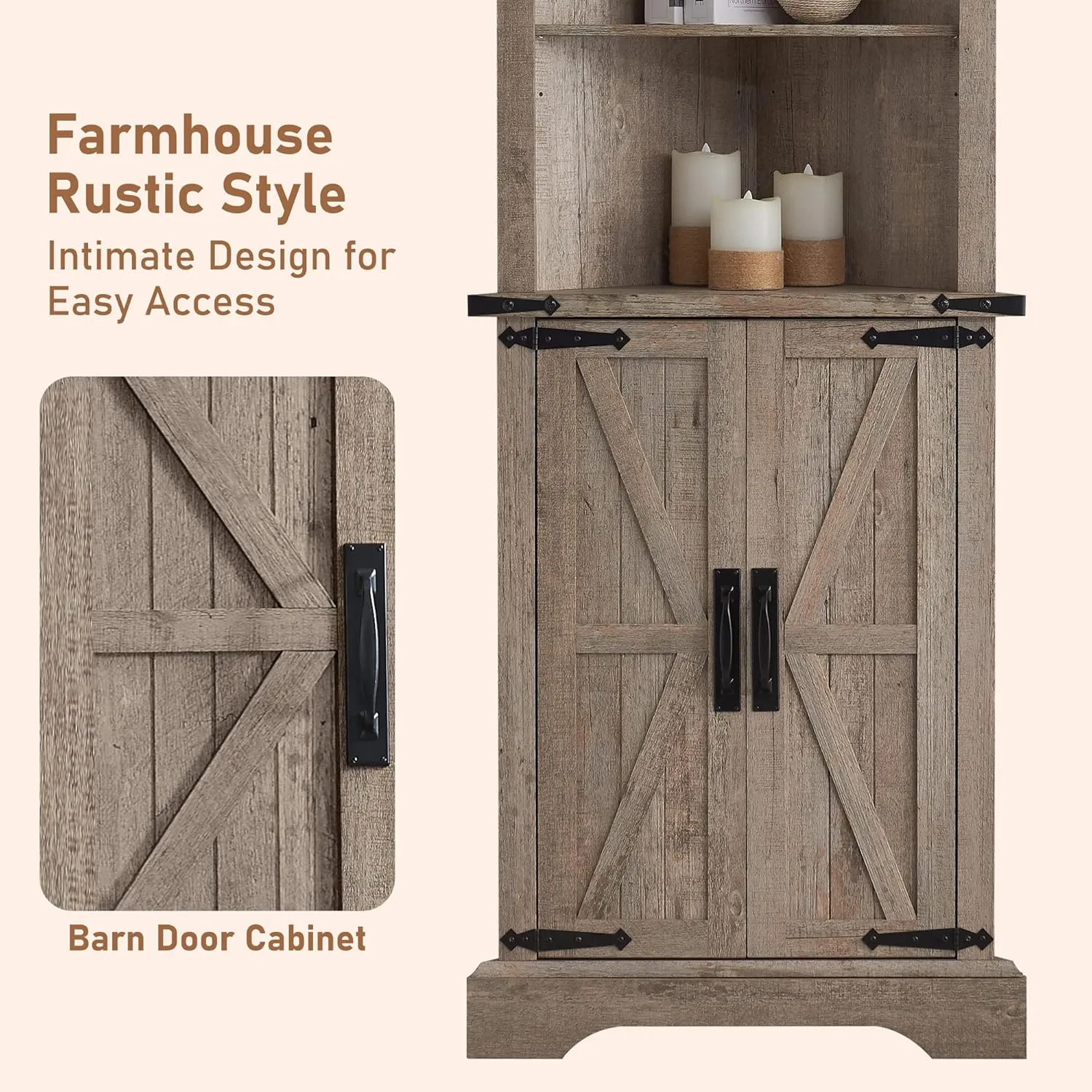 OKD Tall Corner Cabinet, Farmhouse Storage Cabinet with Barn Door Design & Adjustable Shelves, Home Space Saver for Bathroom, Living Room, Light Rustic Oak