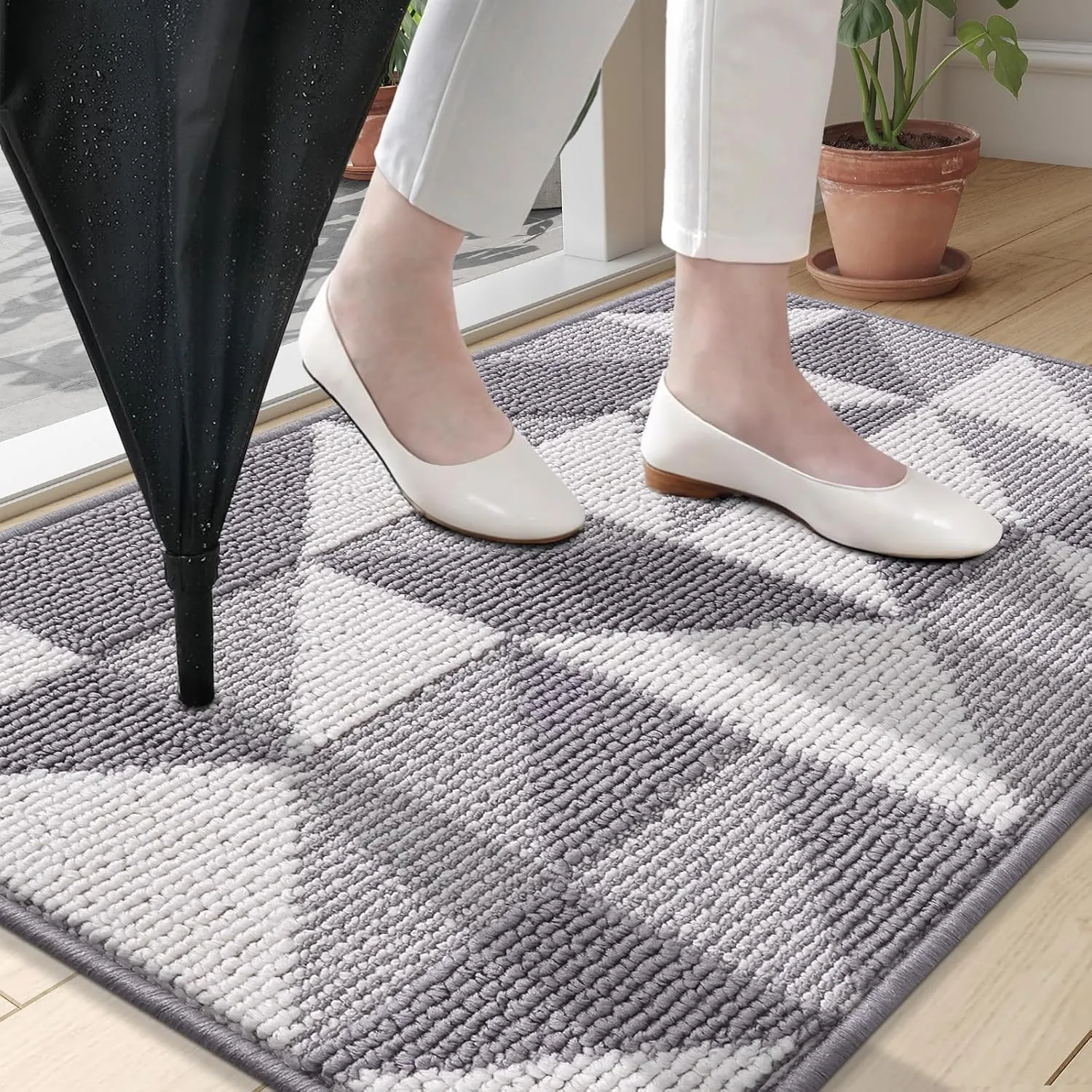 OLANLY Door Mat Indoor Entrance Washable 32x20, Odor-Free Low-Profile Front Back Geometric Doormat, Absorbent Resist Dirt Entry Carpet, Easy to Clean Sturdy Inside Floor Mats for Entryway, Grey