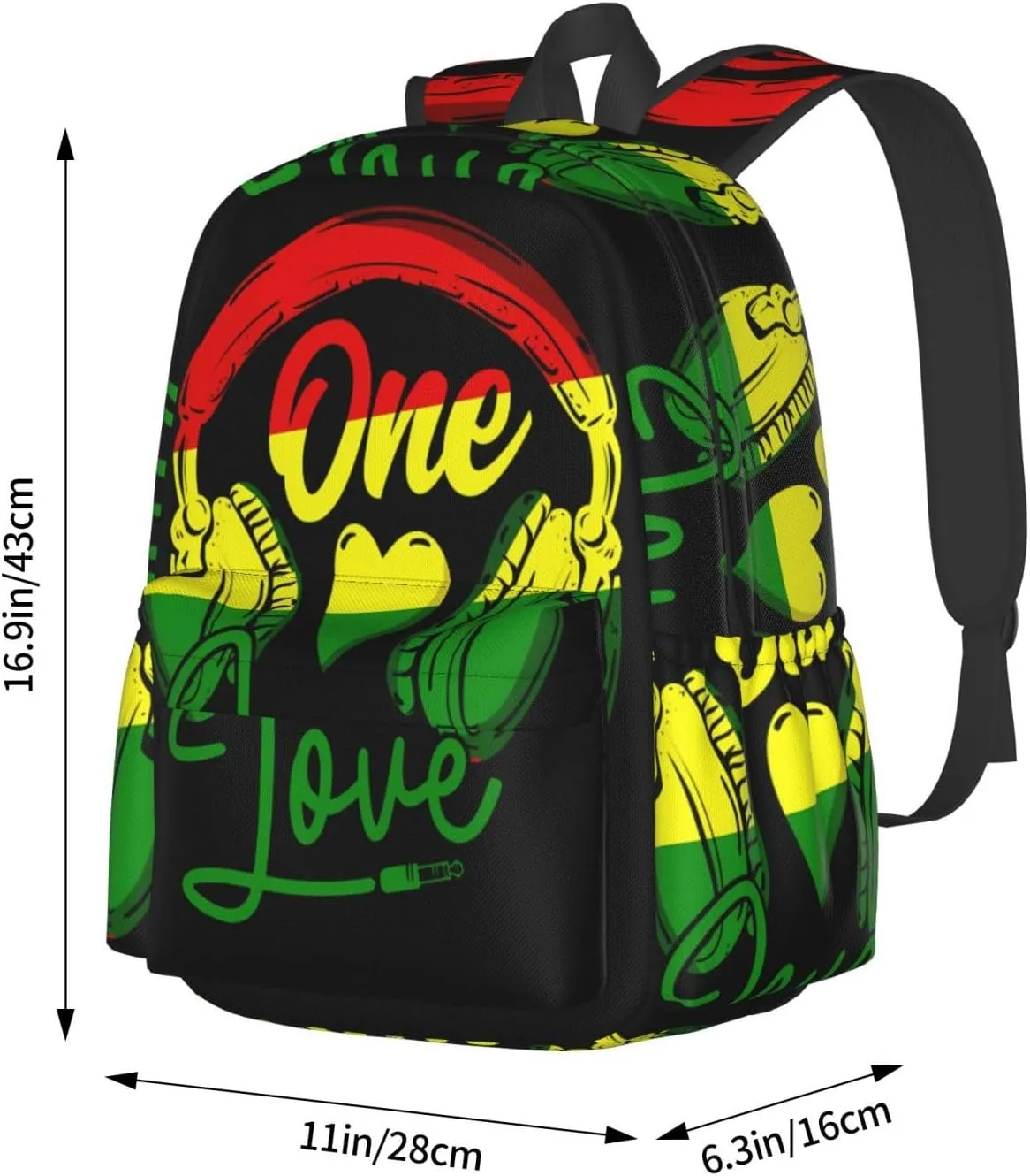 One Loves Music Rastafari Jamaica Casual Backpacks Large Travel Backpack Laptop Rucksack Sports Daypack Adjustable Strap Bag for Camping Hiking