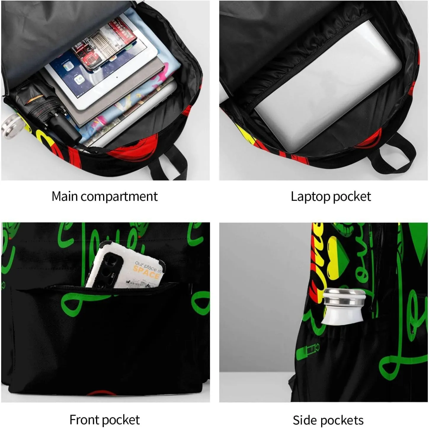 One Loves Music Rastafari Jamaica Casual Backpacks Large Travel Backpack Laptop Rucksack Sports Daypack Adjustable Strap Bag for Camping Hiking