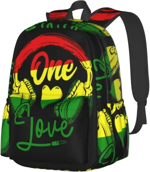 One Loves Music Rastafari Jamaica Casual Backpacks Large Travel Backpack Laptop Rucksack Sports Daypack Adjustable Strap Bag for Camping Hiking