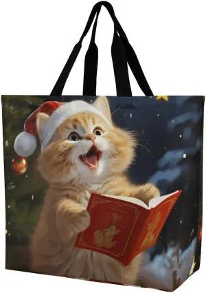 One Shoulder Shopping Bag, Cute Cat Sing Christmas Carols Print Shoulder Shopping Bag,ladies Casual Work Bag for Shopping,travel And Work