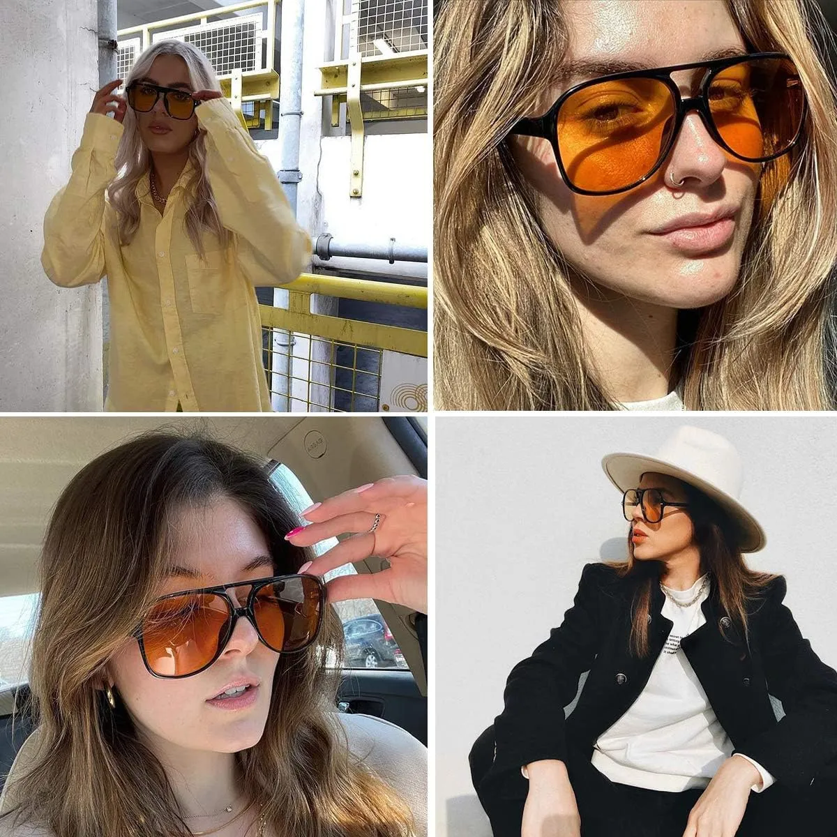 OSAGAMA Vintage Retro Sunglasses 70s Yellow Tinted Aviator Large Sun Glasses for Women