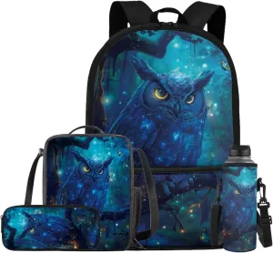 Owl Backpack for Girls Kids Backpack with Lunch Box Water Bottle Carrier with Strap and Big Pencil Case 4PCS Set Bookbag with Front Pocket for School 17 inch Large Capacity School Bag for Boys