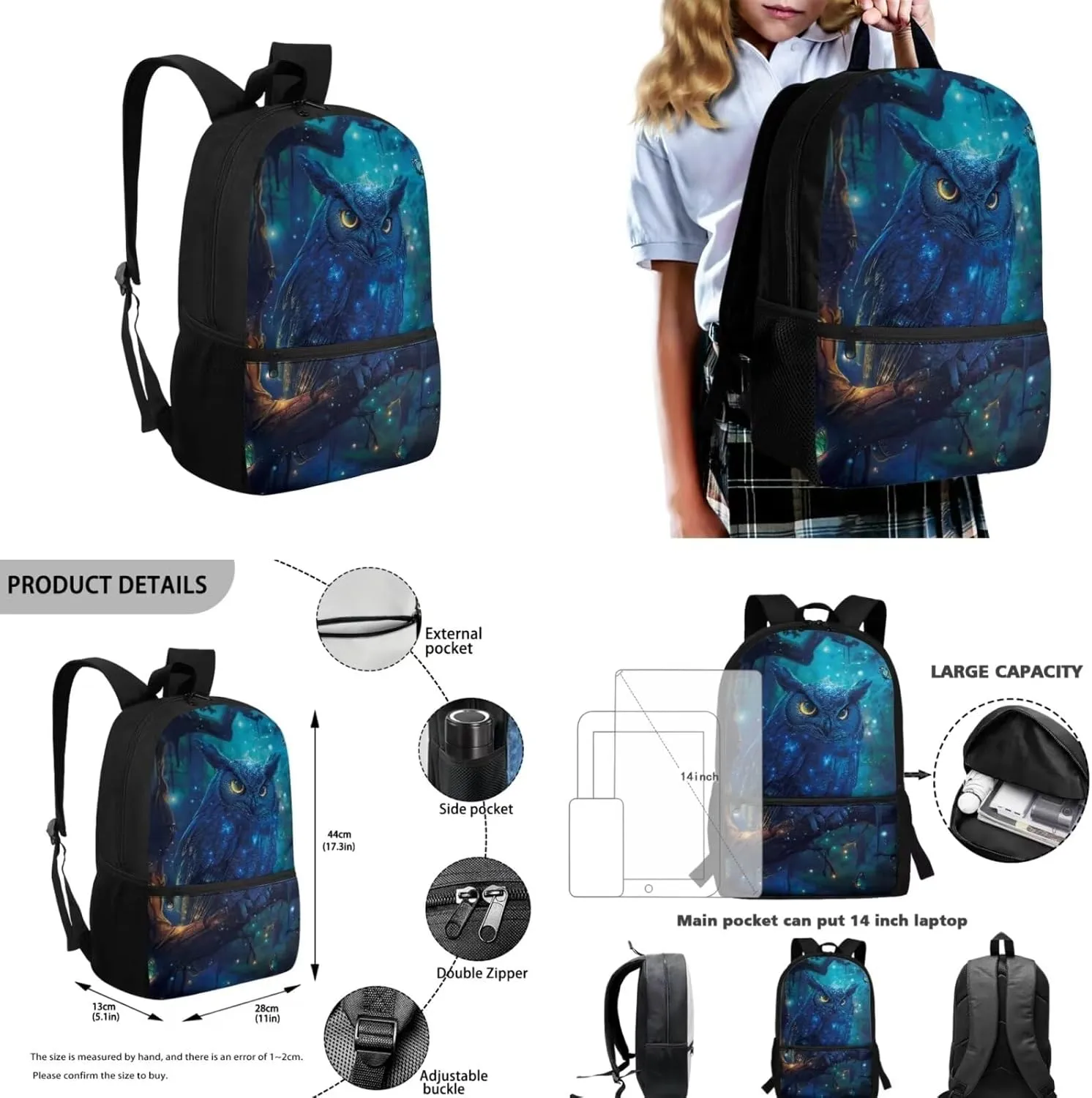 Owl Backpack for Girls Kids Backpack with Lunch Box Water Bottle Carrier with Strap and Big Pencil Case 4PCS Set Bookbag with Front Pocket for School 17 inch Large Capacity School Bag for Boys