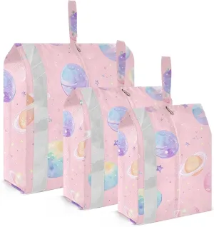 Pastel Planets Travel Storage Bag with Lanyard - Portable Lightweight Classified Storage Bag with Zipper, Dust and Waterproof Travel Packing Cube for Suitcase,3 Pieces