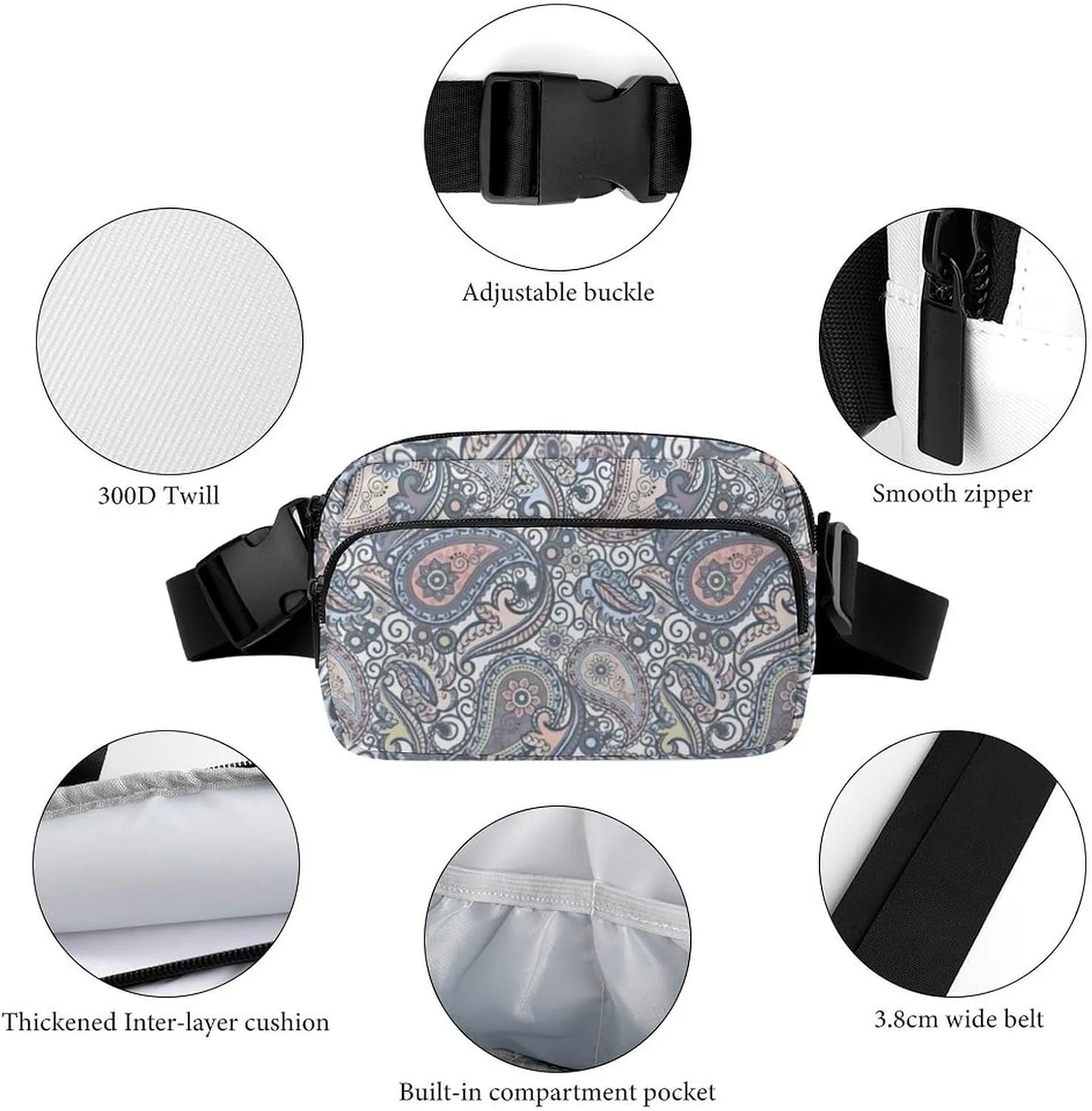 Pastel Purple Coral Pink Paisley Art Large Capacity Portable All Print Waist Bag