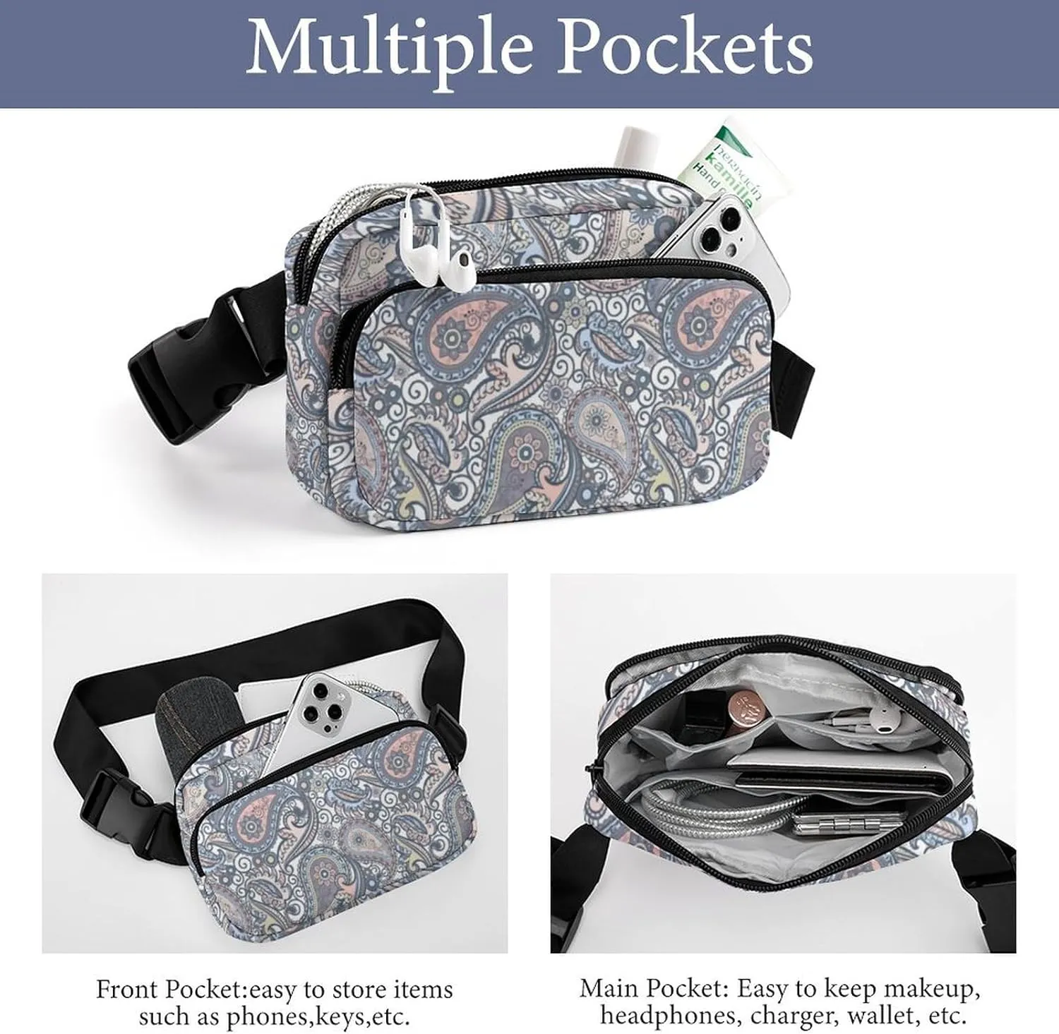 Pastel Purple Coral Pink Paisley Art Large Capacity Portable All Print Waist Bag