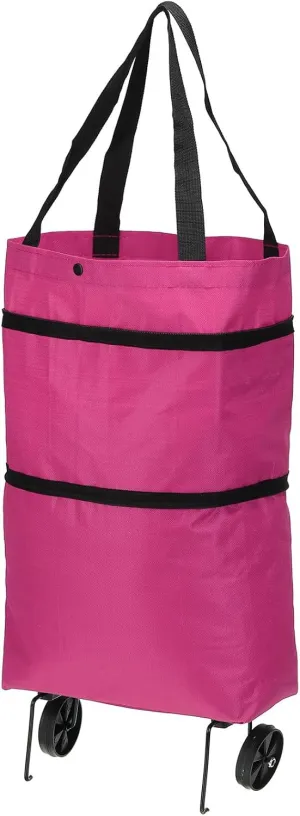 PATIKIL 13-18 Inch Foldable Shopping Bag with Wheels, Collapsible Trolley Bags Portable Grocery Bags Travel Bags for Vegetable Fruit Clothing Storage, Pink