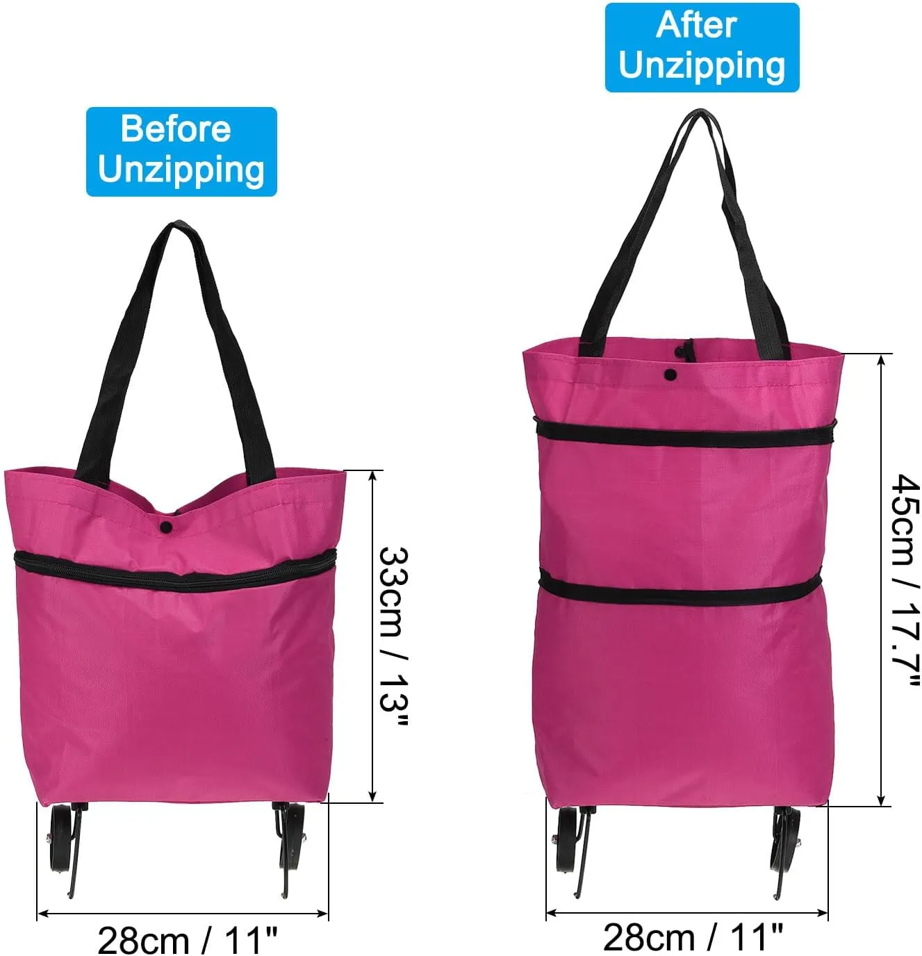 PATIKIL 13-18 Inch Foldable Shopping Bag with Wheels, Collapsible Trolley Bags Portable Grocery Bags Travel Bags for Vegetable Fruit Clothing Storage, Pink