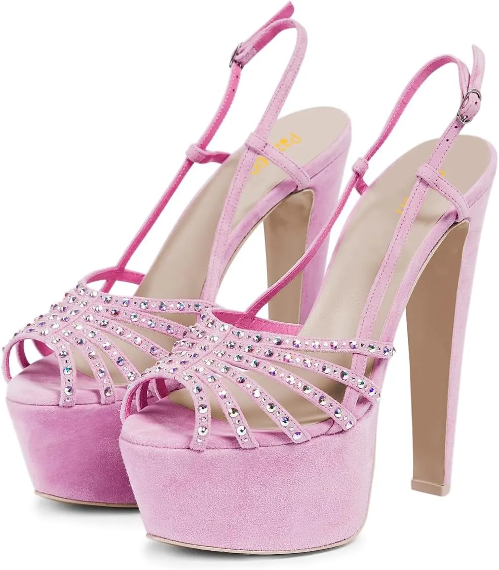 Pazzion Women Sexy Peep Toe Cone High Heel Sandals with Crystal Studs Platform Slingbacks Fashion Party Shoes Size 4-16 US