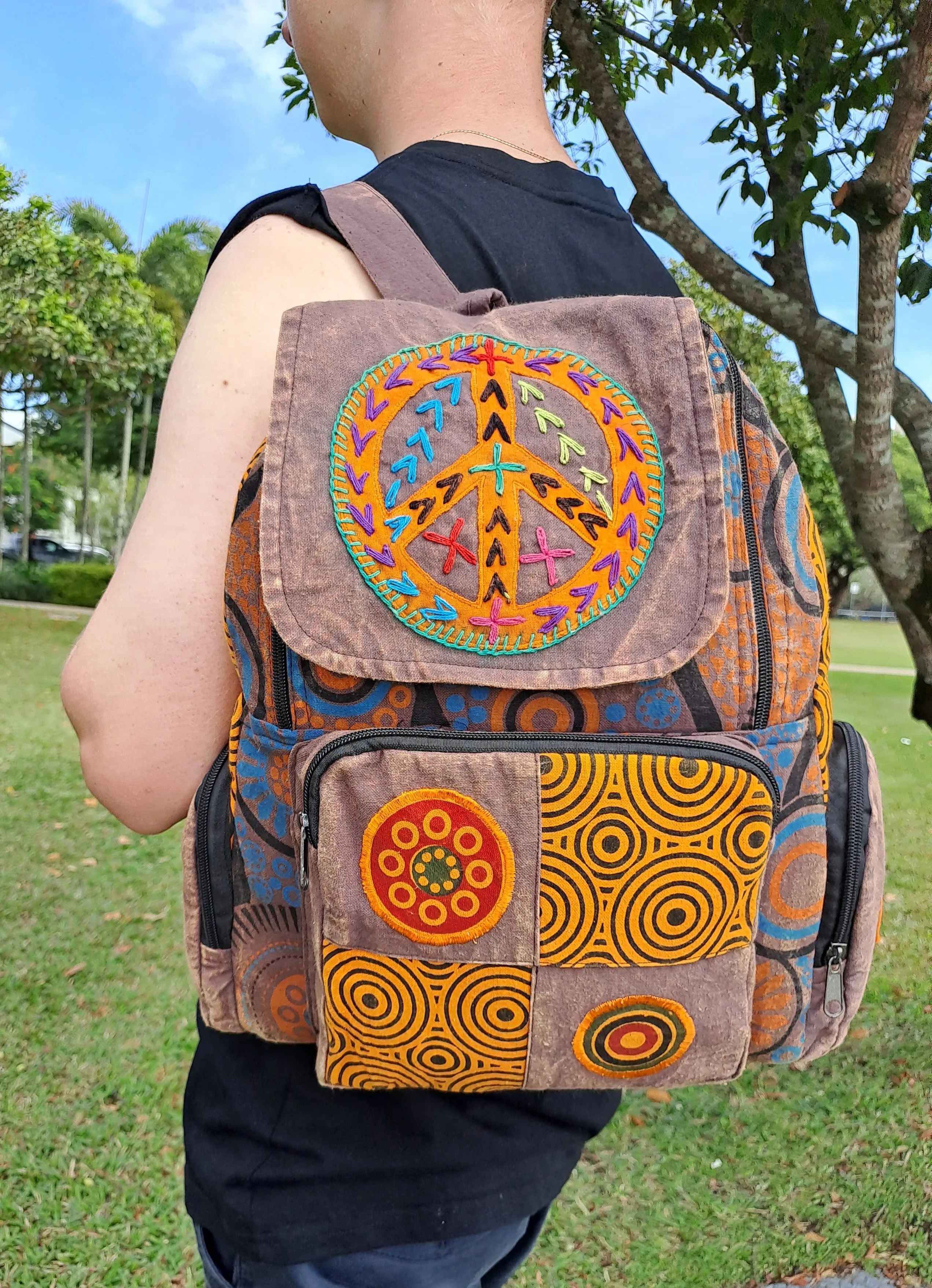 Peace Stonewashed Patchwork Backpack Nepalese
