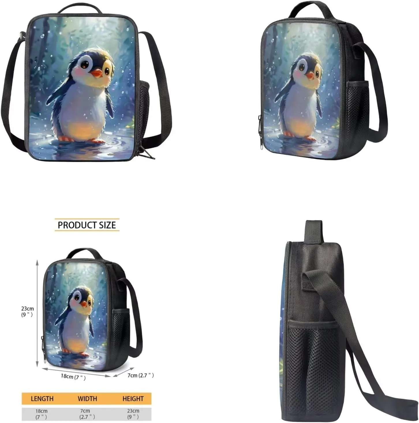 Penguin Backpack for Girls Kids Backpack with Lunch Box Water Bottle Holder with Strap and Kawaii Pencil Case 4PCS Set Cute Bookbag with Front Pocket 17 inch Large Capacity School Bag for Boys