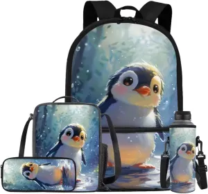 Penguin Backpack for Girls Kids Backpack with Lunch Box Water Bottle Holder with Strap and Kawaii Pencil Case 4PCS Set Cute Bookbag with Front Pocket 17 inch Large Capacity School Bag for Boys