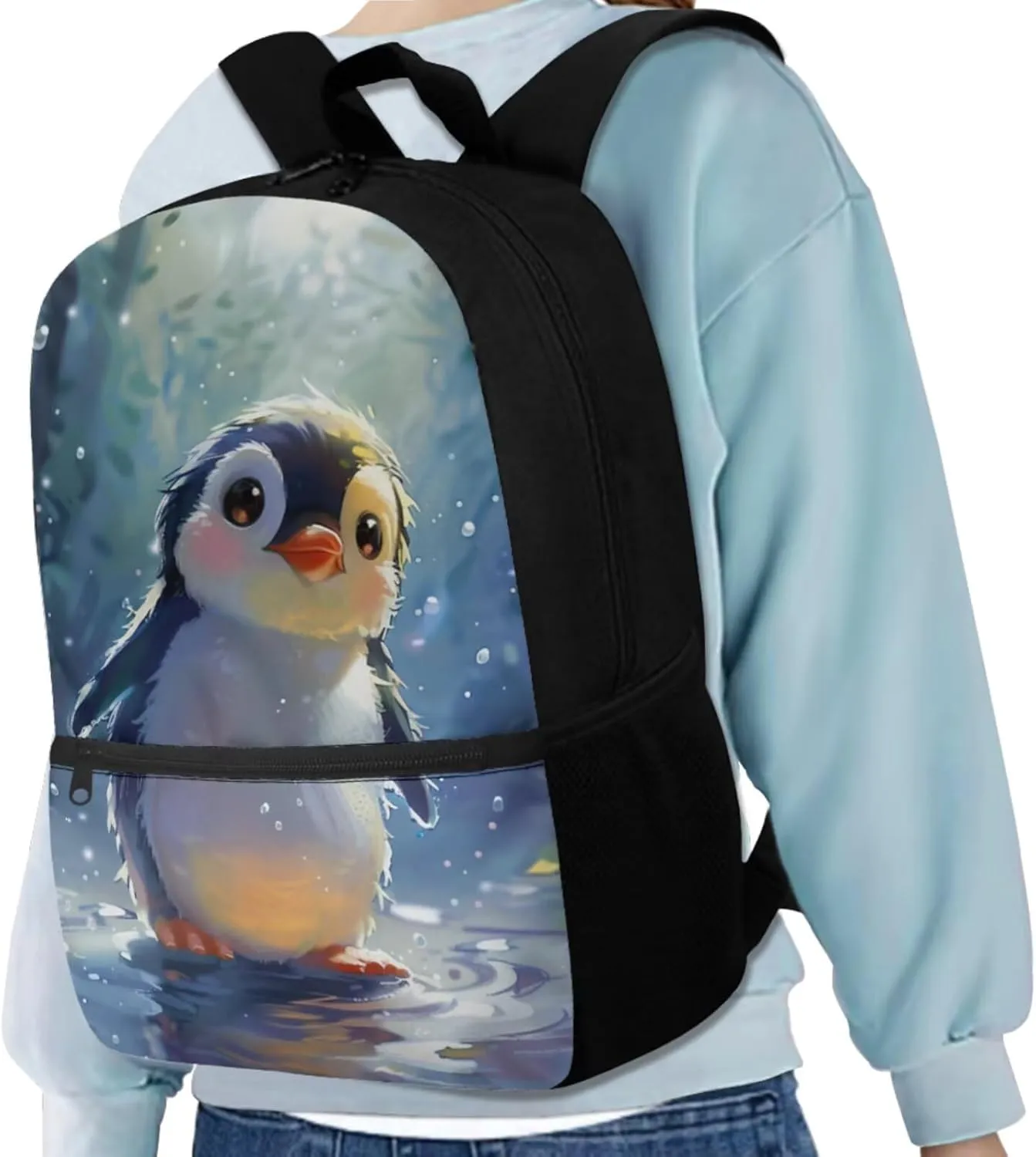 Penguin Backpack for Girls Kids Backpack with Lunch Box Water Bottle Holder with Strap and Kawaii Pencil Case 4PCS Set Cute Bookbag with Front Pocket 17 inch Large Capacity School Bag for Boys