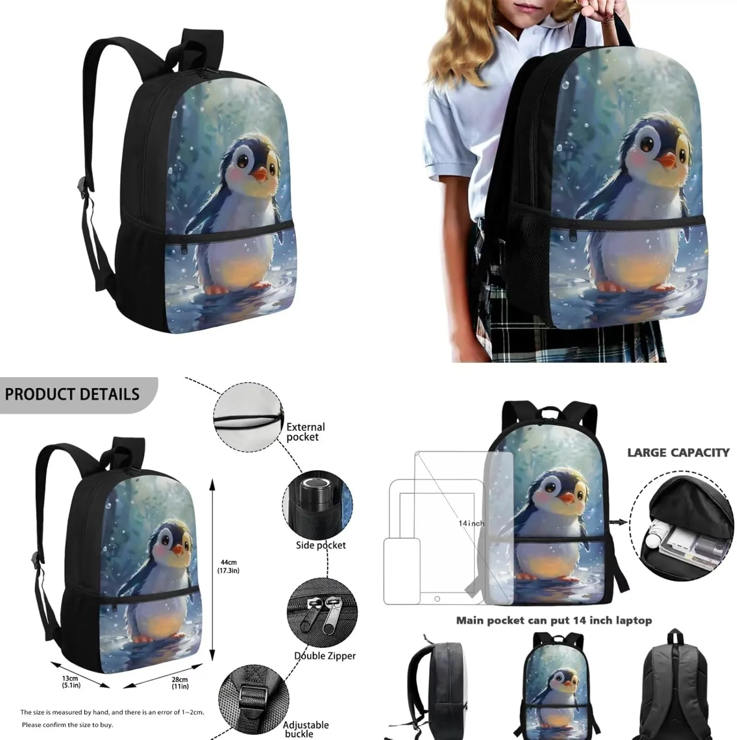 Penguin Backpack for Girls Kids Backpack with Lunch Box Water Bottle Holder with Strap and Kawaii Pencil Case 4PCS Set Cute Bookbag with Front Pocket 17 inch Large Capacity School Bag for Boys
