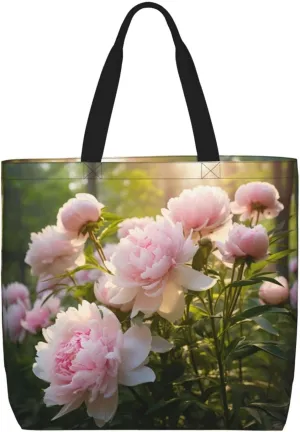 Peony print Large capacity zipper shoulder convenience bag tote bag Gift travel shopping bag