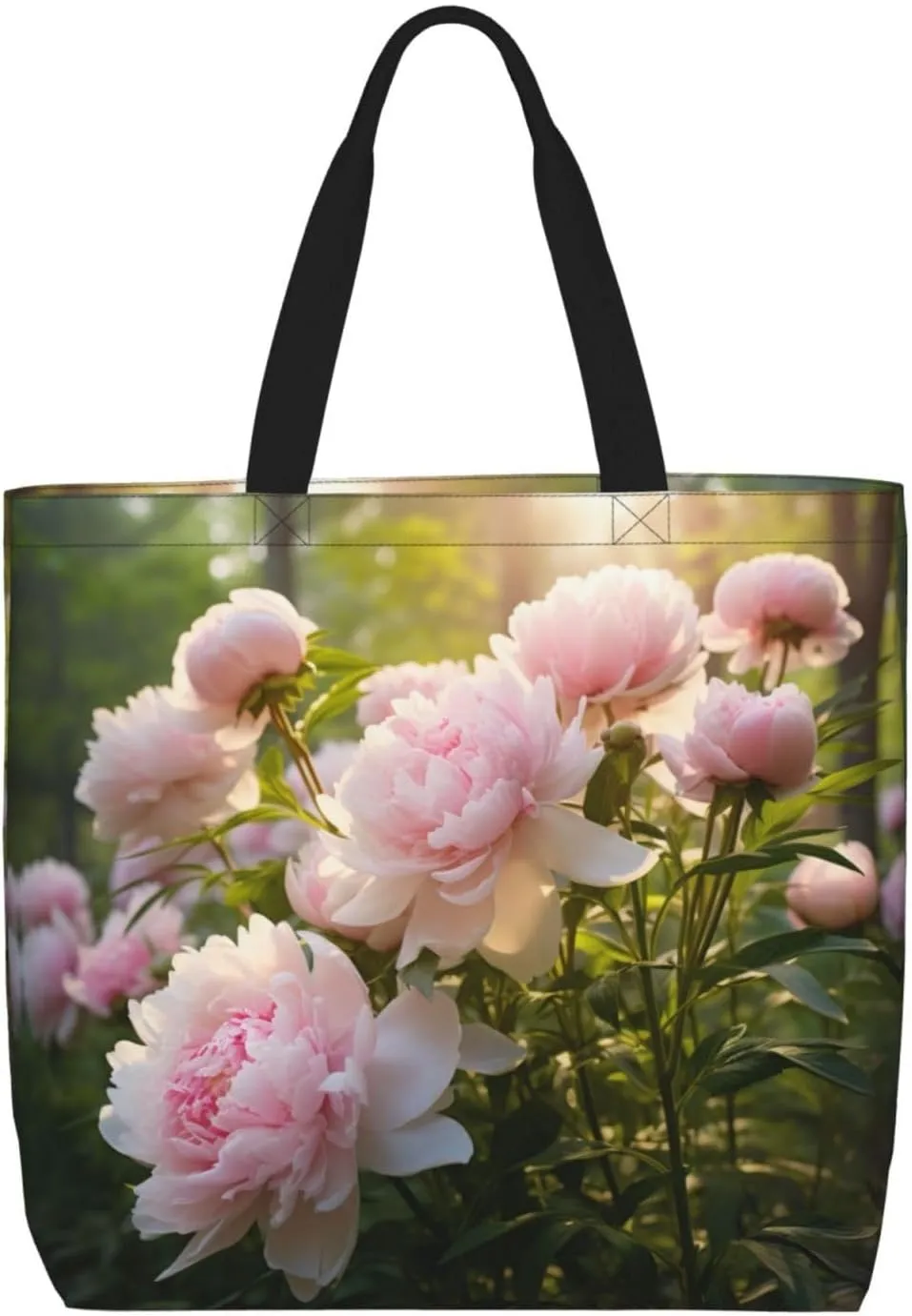 Peony print Large capacity zipper shoulder convenience bag tote bag Gift travel shopping bag
