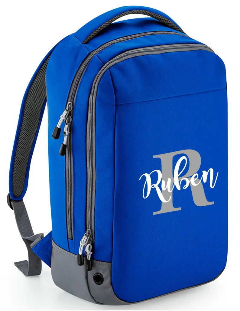 Personalised Pro Backpack with Water bottle pocket and Matching Gym Bag Initial and Name 23L Royal Blue Set