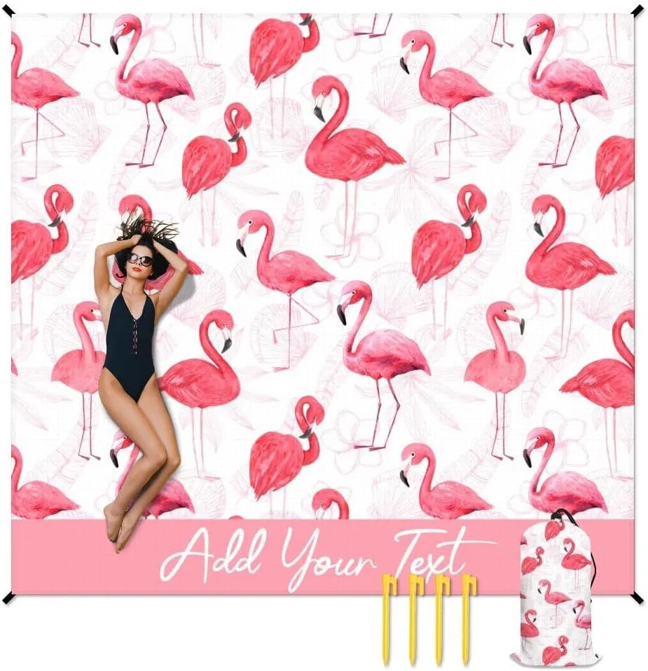 Personalized Beach Blanket Waterproof Sandproof, Custom Oversized Flamingo Beach Mat for 6-8 Adults, 118x110 Inches Lightweight Picnic Blanket with 4 Corner Pockets for Outdoor, Travel, Camping