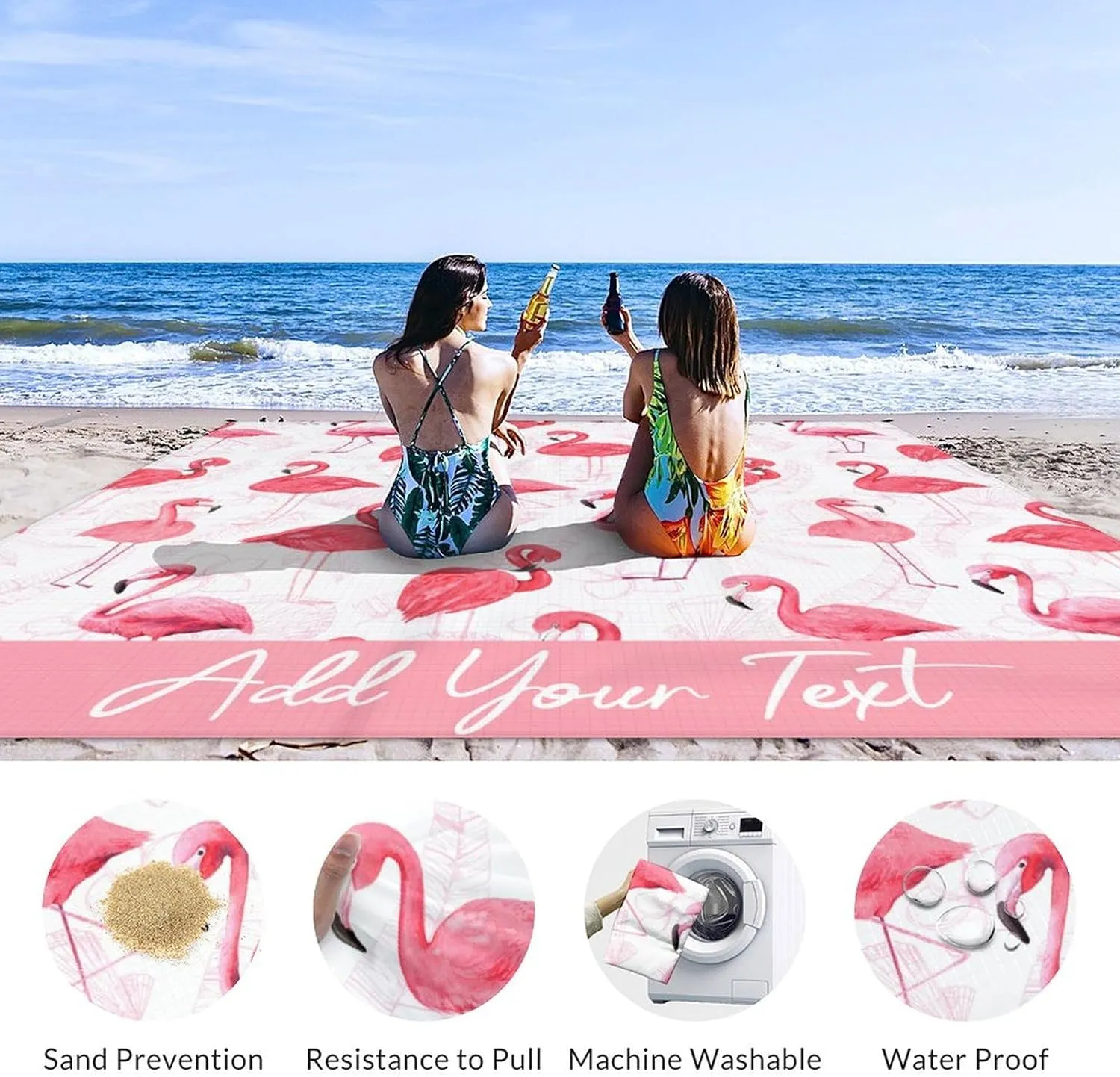 Personalized Beach Blanket Waterproof Sandproof, Custom Oversized Flamingo Beach Mat for 6-8 Adults, 118x110 Inches Lightweight Picnic Blanket with 4 Corner Pockets for Outdoor, Travel, Camping