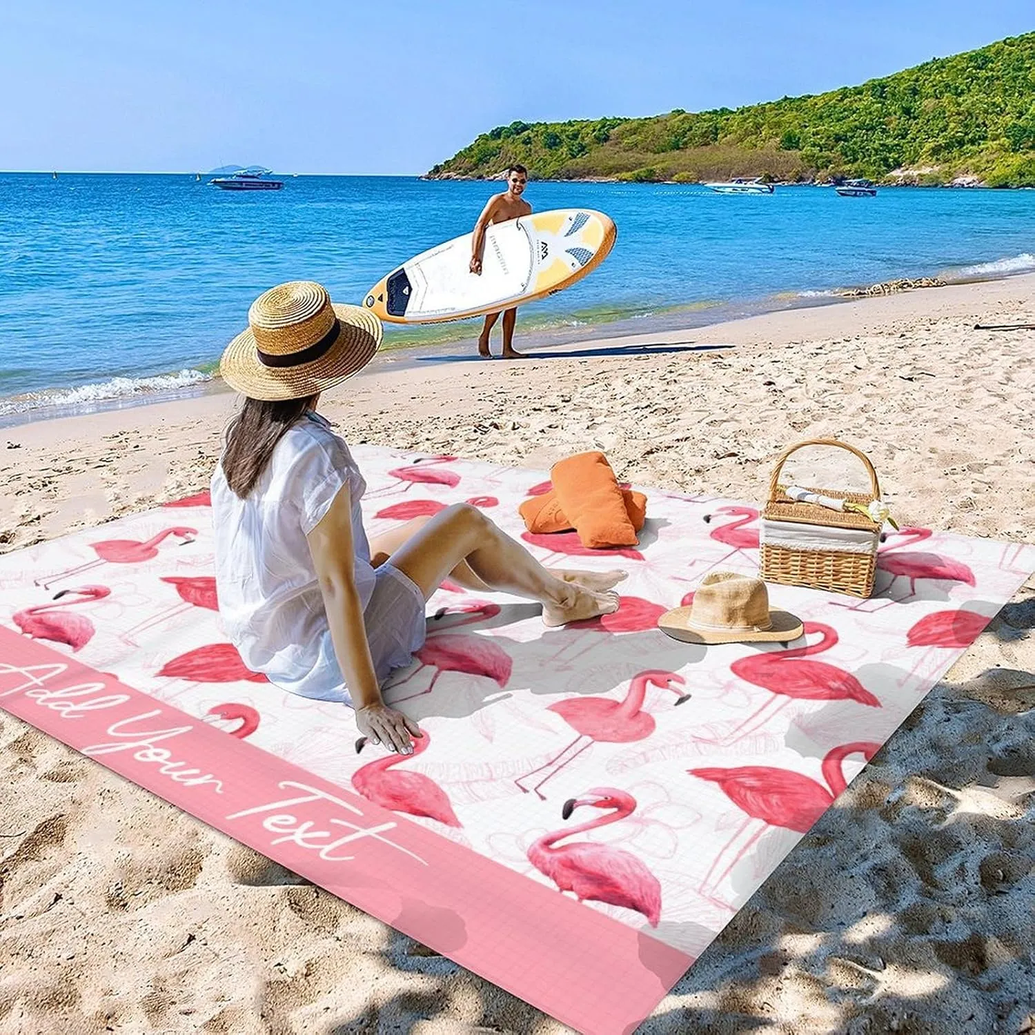 Personalized Beach Blanket Waterproof Sandproof, Custom Oversized Flamingo Beach Mat for 6-8 Adults, 118x110 Inches Lightweight Picnic Blanket with 4 Corner Pockets for Outdoor, Travel, Camping