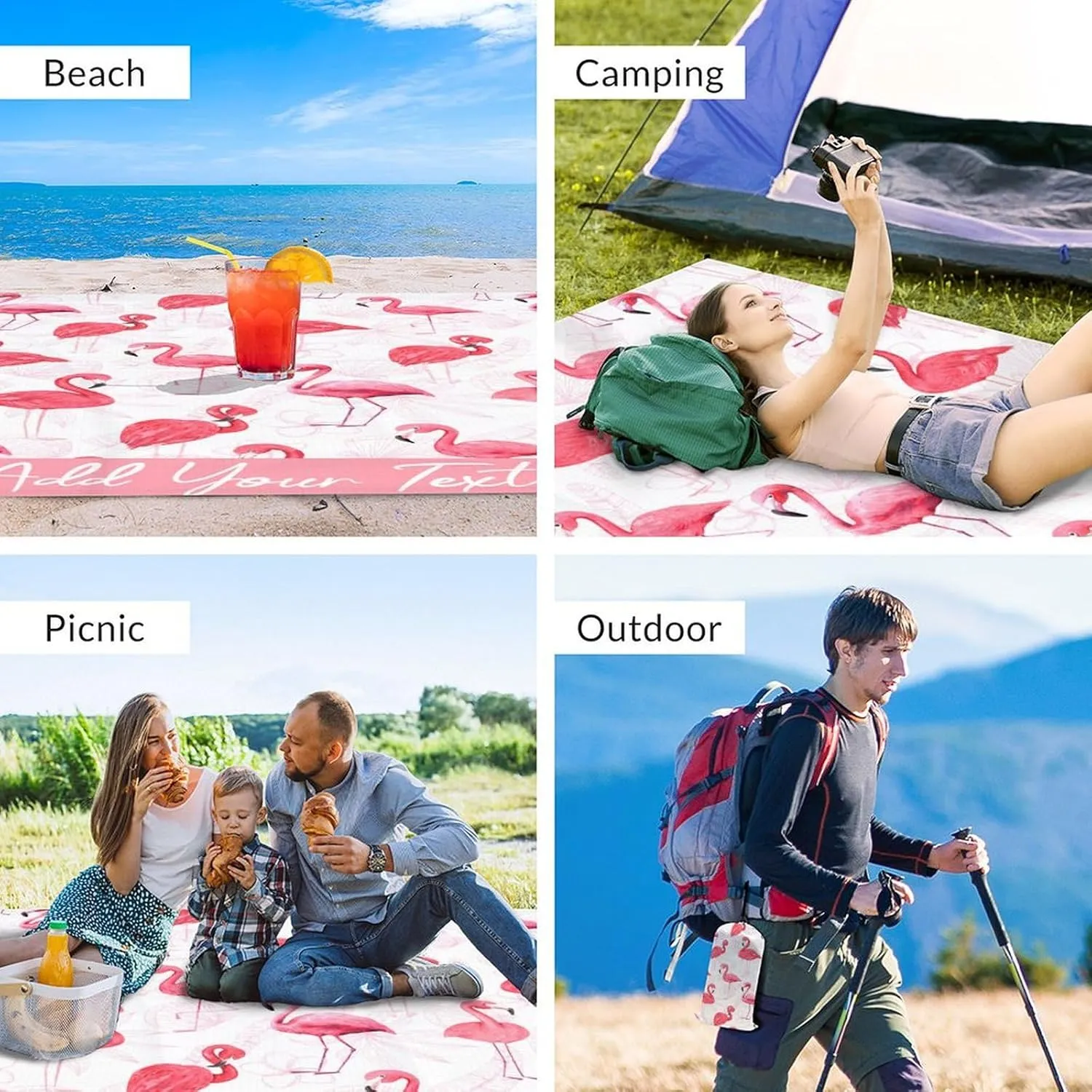 Personalized Beach Blanket Waterproof Sandproof, Custom Oversized Flamingo Beach Mat for 6-8 Adults, 118x110 Inches Lightweight Picnic Blanket with 4 Corner Pockets for Outdoor, Travel, Camping