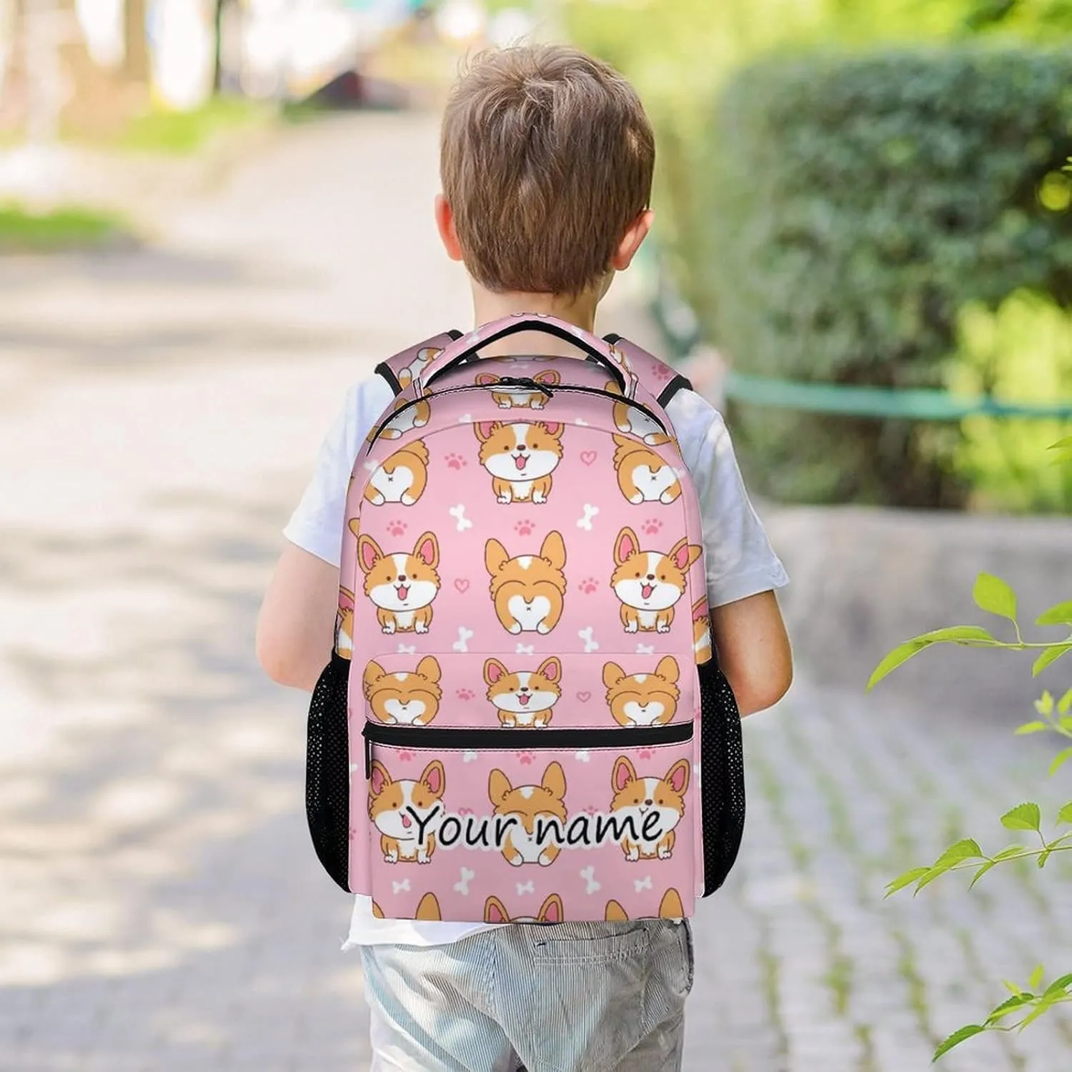 Personalized Corgi Backpacks for Girls Boys, 16 Inch Cute Backpack for School, Pink, Large Capacity, Durable, Lightweight Bookbag for Kids Travel