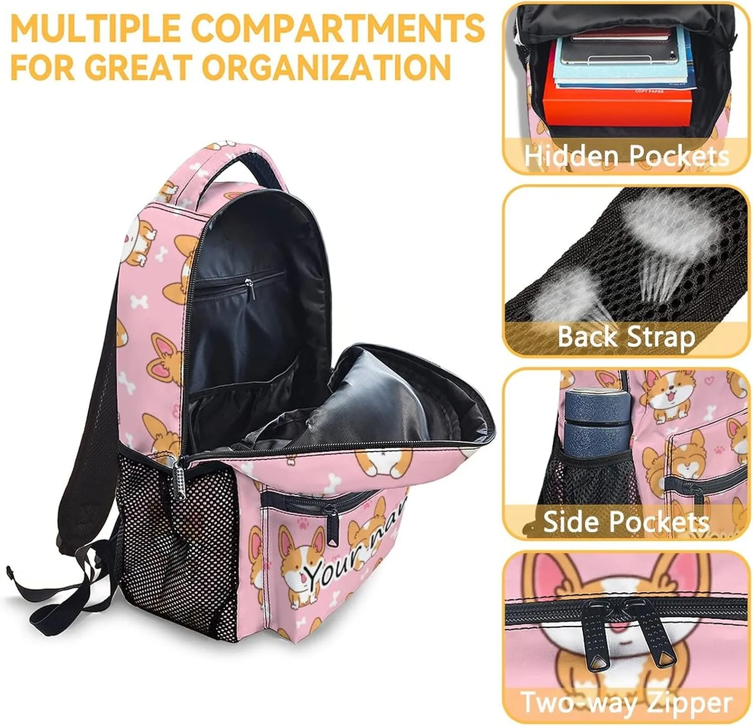 Personalized Corgi Backpacks for Girls Boys, 16 Inch Cute Backpack for School, Pink, Large Capacity, Durable, Lightweight Bookbag for Kids Travel