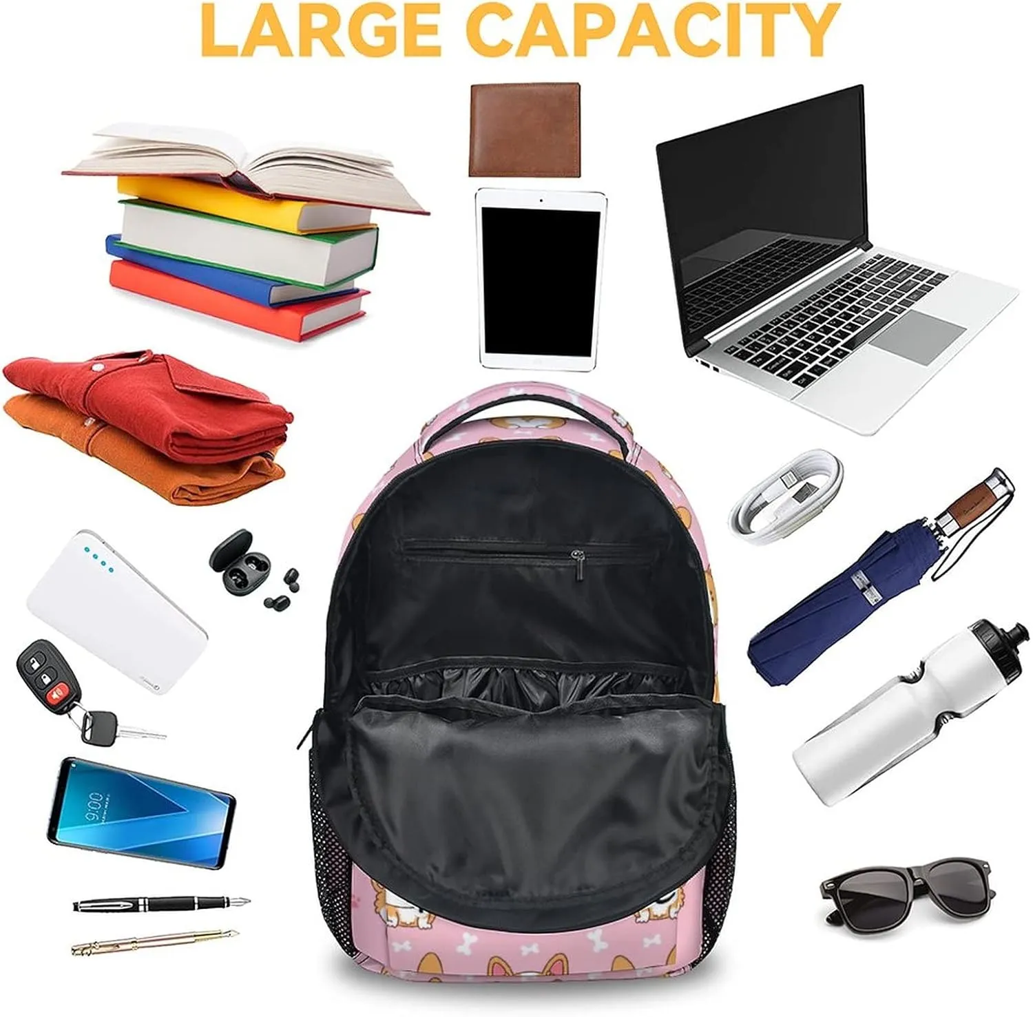 Personalized Corgi Backpacks for Girls Boys, 16 Inch Cute Backpack for School, Pink, Large Capacity, Durable, Lightweight Bookbag for Kids Travel