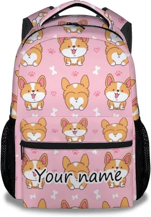 Personalized Corgi Backpacks for Girls Boys, 16 Inch Cute Backpack for School, Pink, Large Capacity, Durable, Lightweight Bookbag for Kids Travel