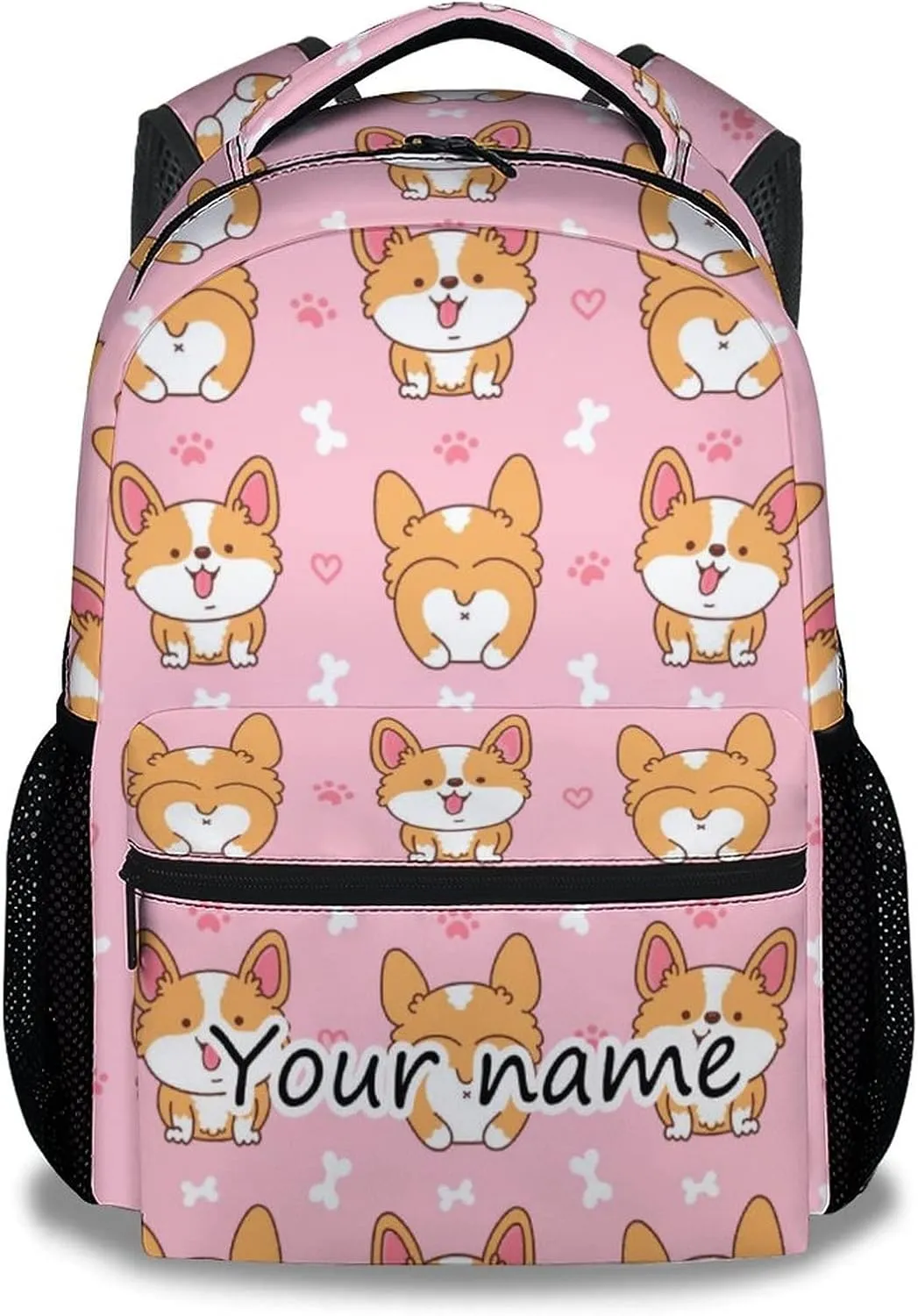 Personalized Corgi Backpacks for Girls Boys, 16 Inch Cute Backpack for School, Pink, Large Capacity, Durable, Lightweight Bookbag for Kids Travel
