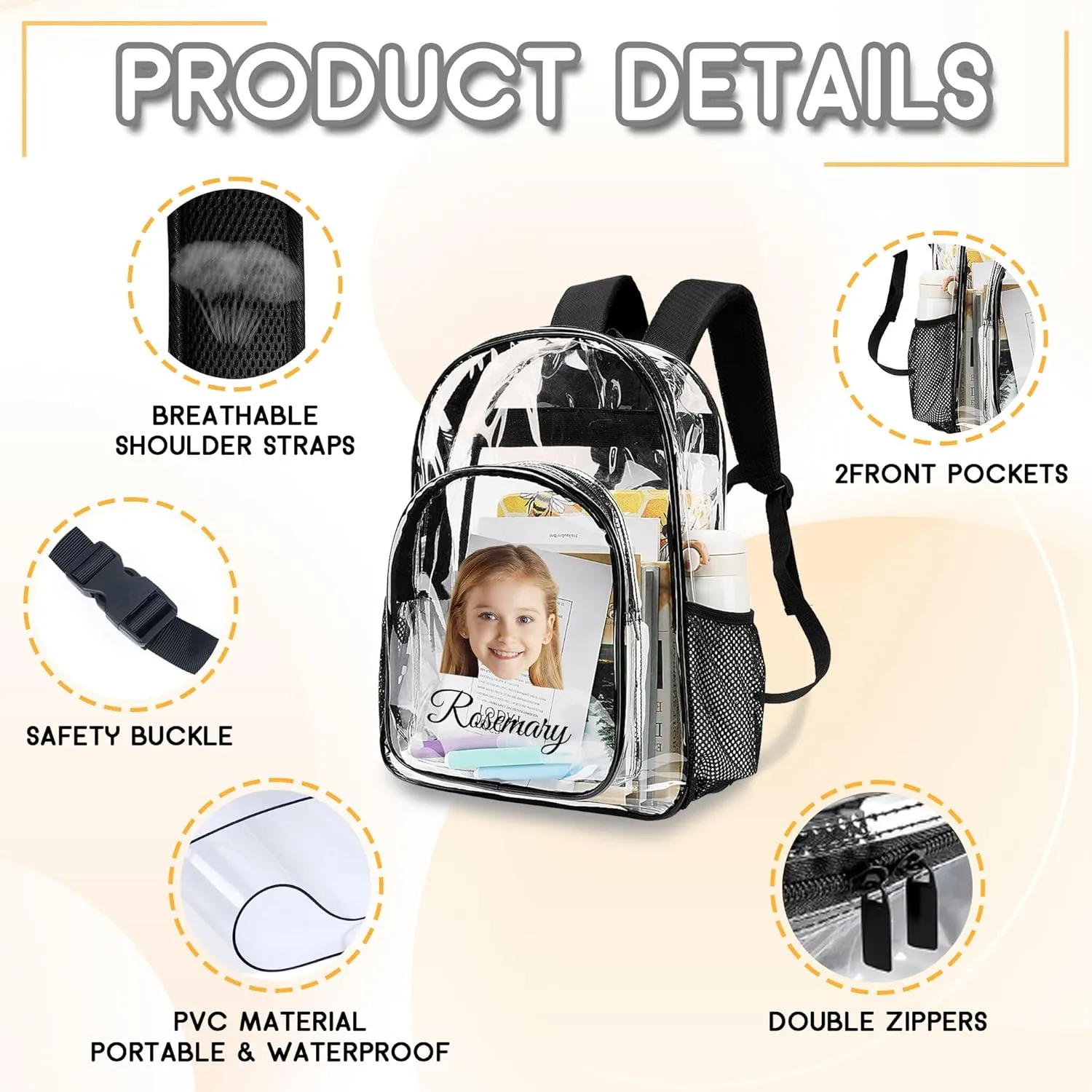 Personalized Photo Clear Backpack With Name For Kids, Custom Picture PVC Transparent School Bags For Boys Girls, Back To School Gifts, Travel Clear Plastic Backpack For Stadium Events