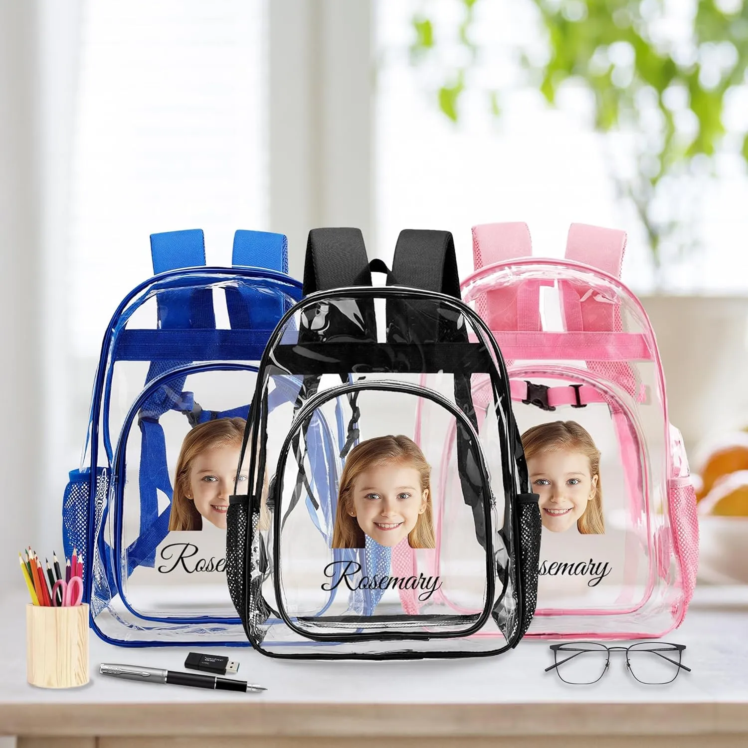 Personalized Photo Clear Backpack With Name For Kids, Custom Picture PVC Transparent School Bags For Boys Girls, Back To School Gifts, Travel Clear Plastic Backpack For Stadium Events