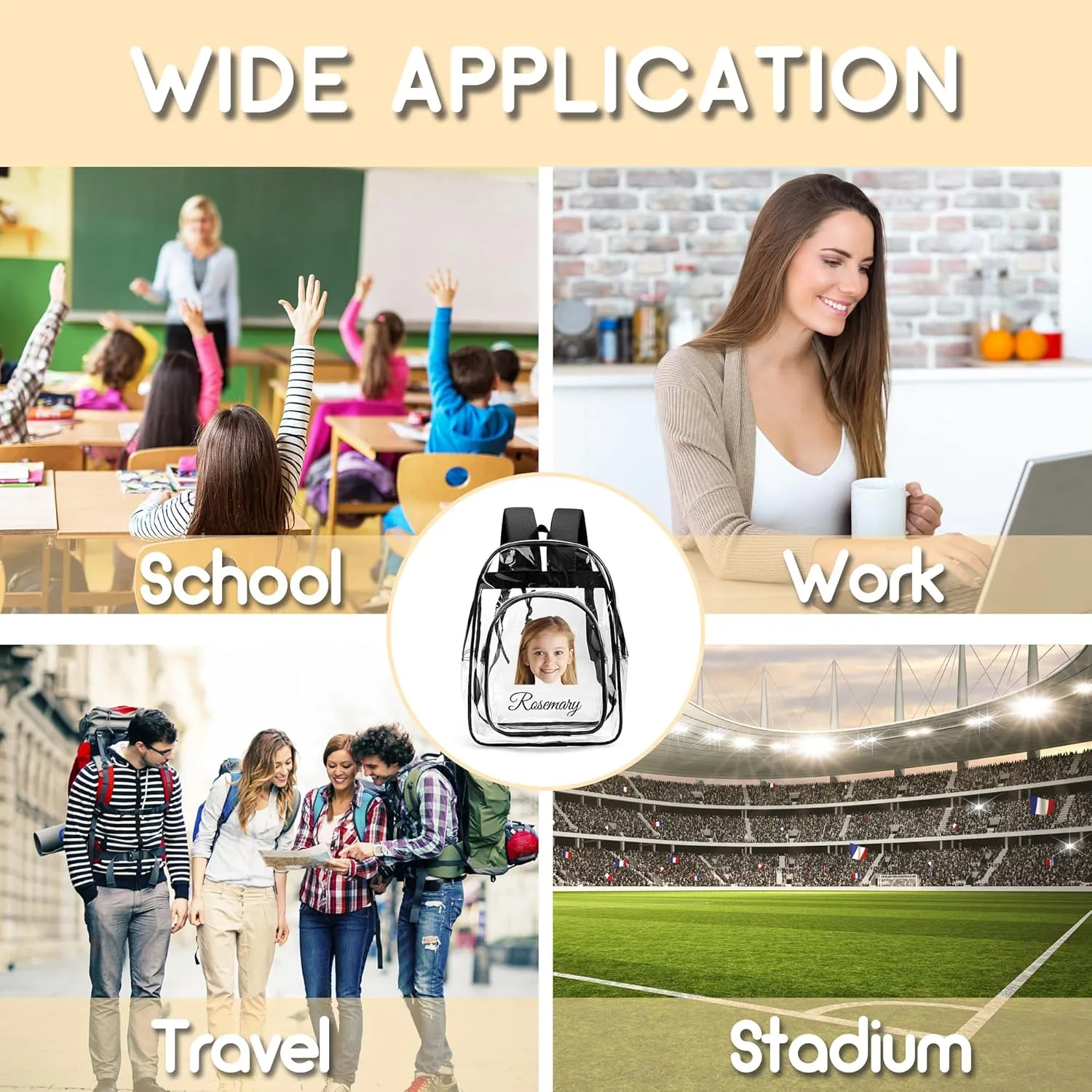 Personalized Photo Clear Backpack With Name For Kids, Custom Picture PVC Transparent School Bags For Boys Girls, Back To School Gifts, Travel Clear Plastic Backpack For Stadium Events