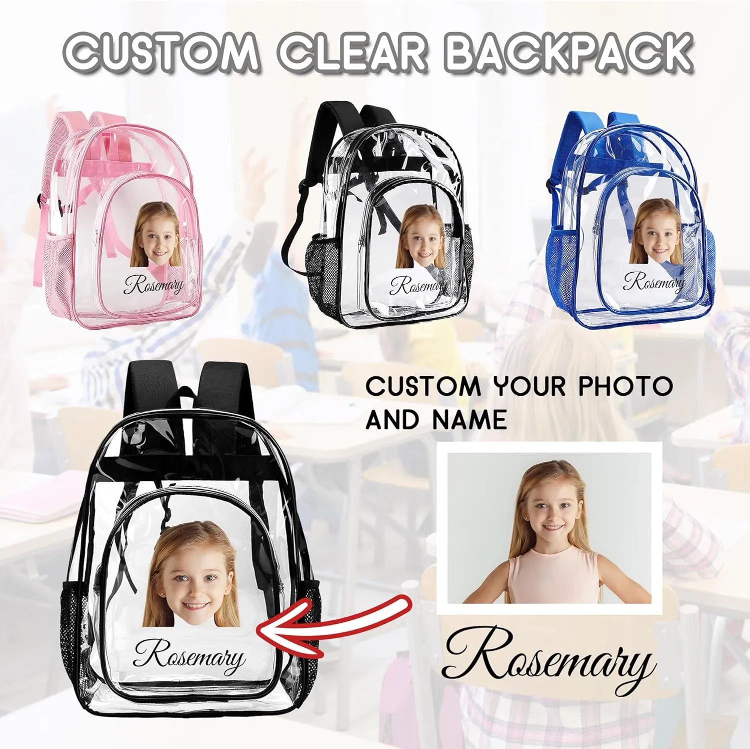 Personalized Photo Clear Backpack With Name For Kids, Custom Picture PVC Transparent School Bags For Boys Girls, Back To School Gifts, Travel Clear Plastic Backpack For Stadium Events