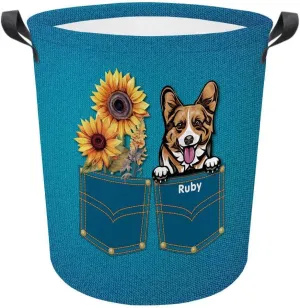 Personalized Sunflower Laundry Basket Funny Pembroke Welsh Corgi Dog Bathroom Cloth Bag Custom Dog Name Storage Basket.