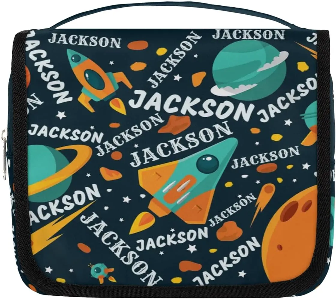 Personalized Travel Makeup Bag Cosmetic Bag for Woman Men,Custom Hanging Toiletry Makeup Bag with Handle Great DIY Gift for Boys and Girls Spaceship Planet
