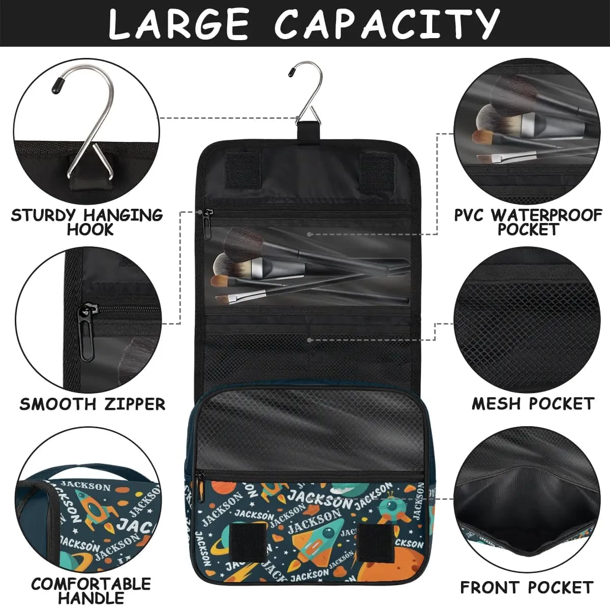 Personalized Travel Makeup Bag Cosmetic Bag for Woman Men,Custom Hanging Toiletry Makeup Bag with Handle Great DIY Gift for Boys and Girls Spaceship Planet