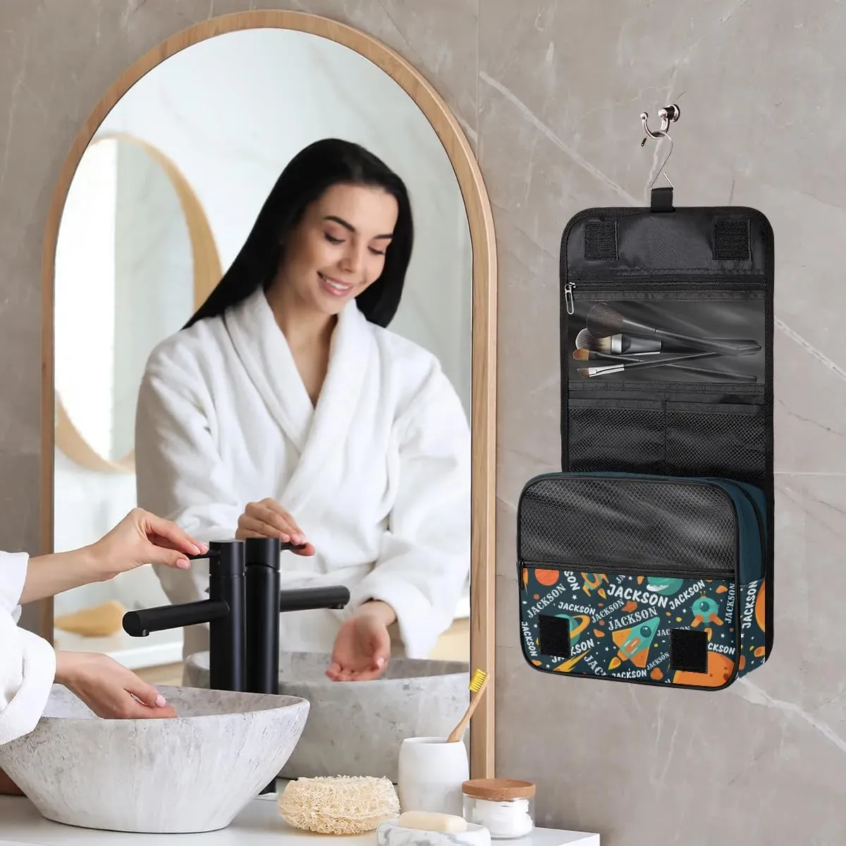Personalized Travel Makeup Bag Cosmetic Bag for Woman Men,Custom Hanging Toiletry Makeup Bag with Handle Great DIY Gift for Boys and Girls Spaceship Planet