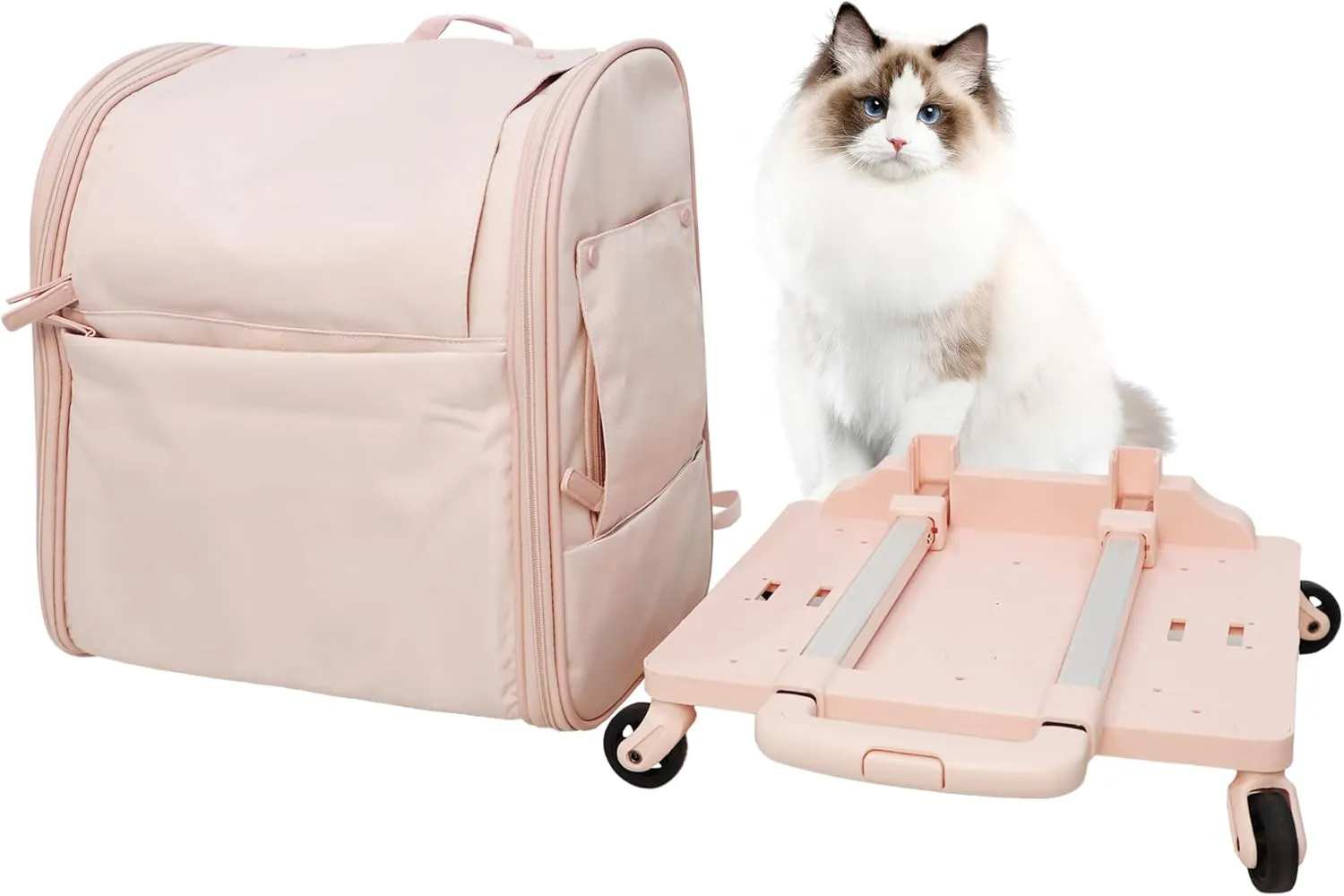 Pet Carrier Backpack - Airline Approved Rolling Backpack with Wheels, Telescopic Handle - Multi-Function Breathable Pet Backpack for Small Medium Cats & Dogs Travel - Pink