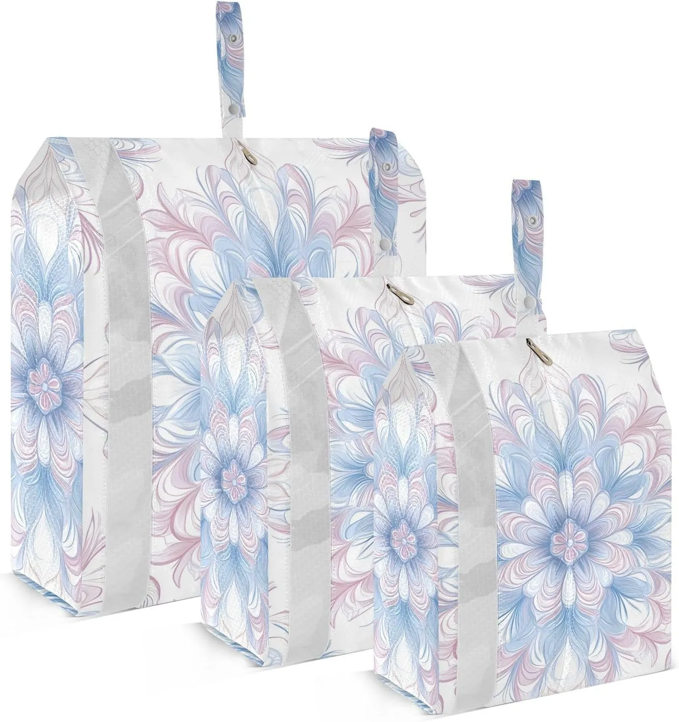 Pink and Blue Fantasy Flower Travel Storage Bag with Lanyard - Portable Lightweight Classified Storage Bag with Zipper, Dust and Waterproof Travel Packing Cube for Suitcase,3 Pieces