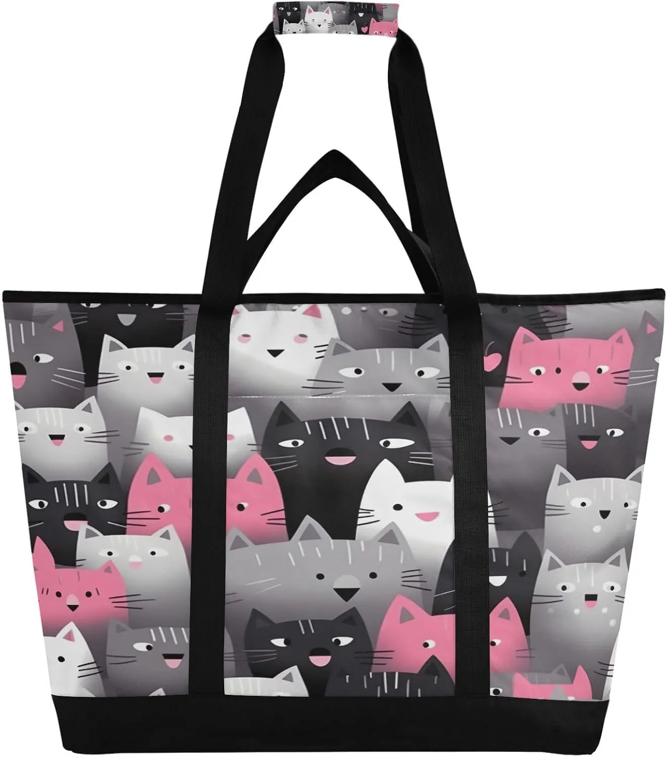 Pink and Gray Cats Reusable Insulated Lunchbox Cooler Bag, Leakproof Kitchen Grocery Bag Collapsible Portable Cooler Tote Bag for Picnic, Camping, Office, Travel