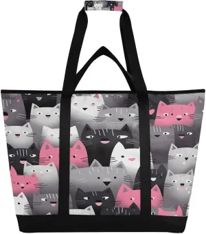 Pink and Gray Cats Reusable Insulated Lunchbox Cooler Bag, Leakproof Kitchen Grocery Bag Collapsible Portable Cooler Tote Bag for Picnic, Camping, Office, Travel