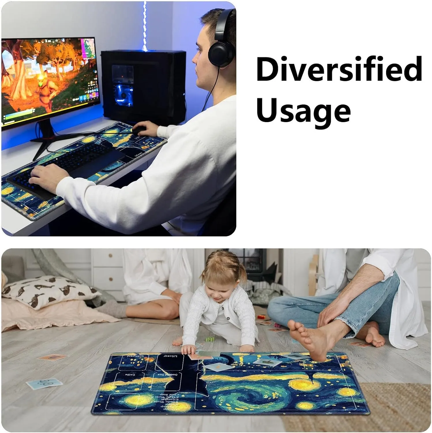 Playmat for MTG, Game Play Mat for MTG TCG 24 x 14 inches Trading Card Game Playmats with Zones Non-Slip Rubber Base and Stitched Mousepad Desk Mats, Starry Night Black Cat